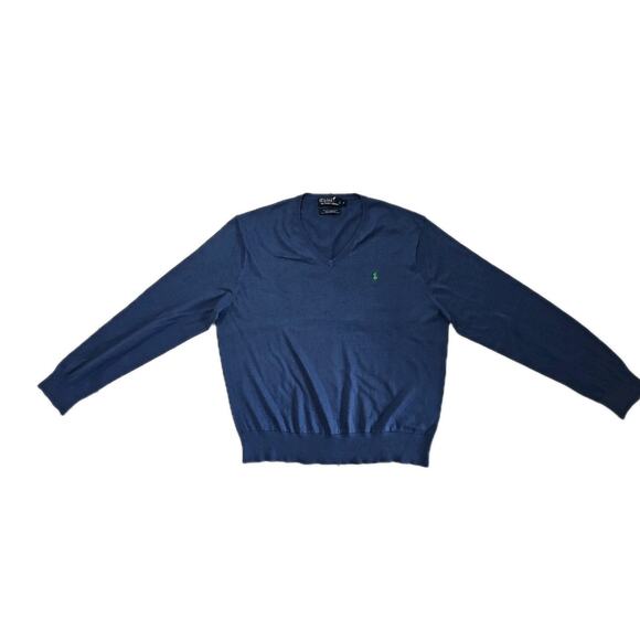 Polo Ralph Lauren V Neck Sweater Mens XL Blue Cotton Silk Cashmere Blend - Picture 1 of 4